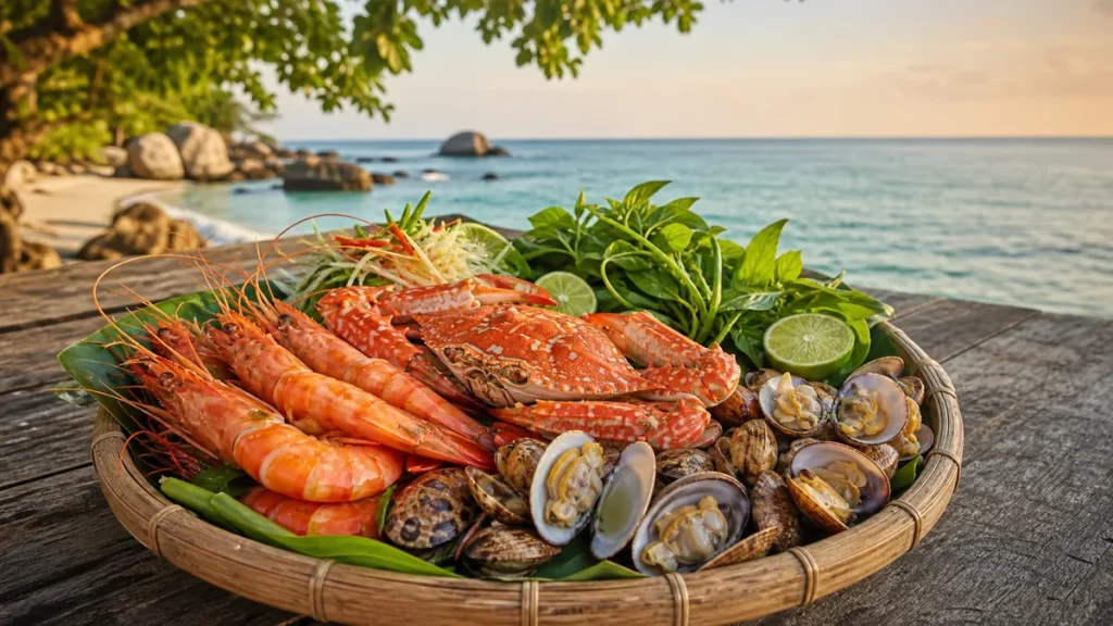 Mâm hải sản tươi ngon bên biển