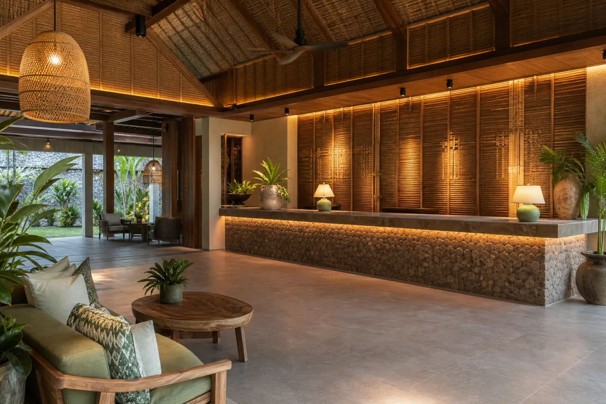 Sảnh lễ tân resort phong cách nhiệt đới Phú Quốc