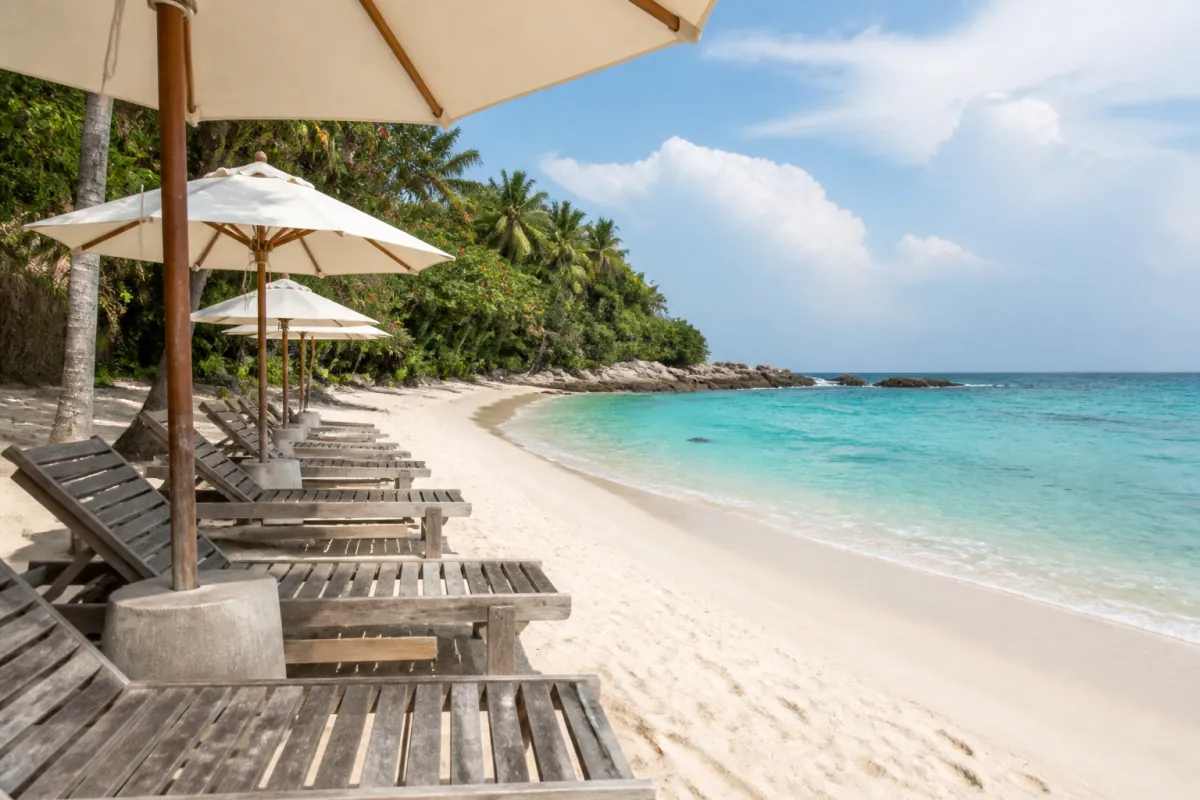 Bãi biển với ghế nằm tại resort Phú Quốc